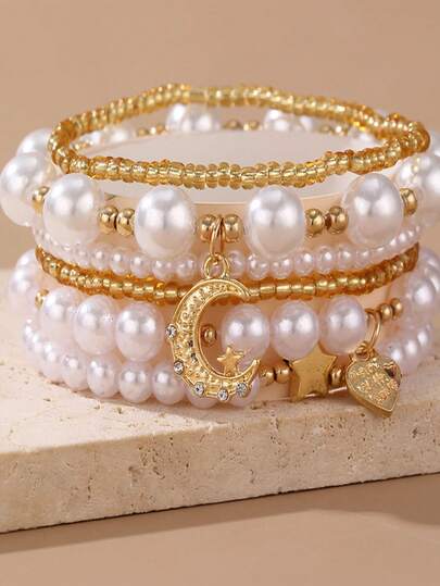 Set de 6 piezas Pulsera con cuentas con diseño de estrellas y lunas - Cuentas de cuerda creativas para uso diario - Pulsera multicapa