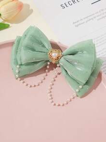 1pc Girls Cute Sweet Multi-Layer Tulle Bow Pearl Tassel Hair Clip - Bow Tie Clip - View 6