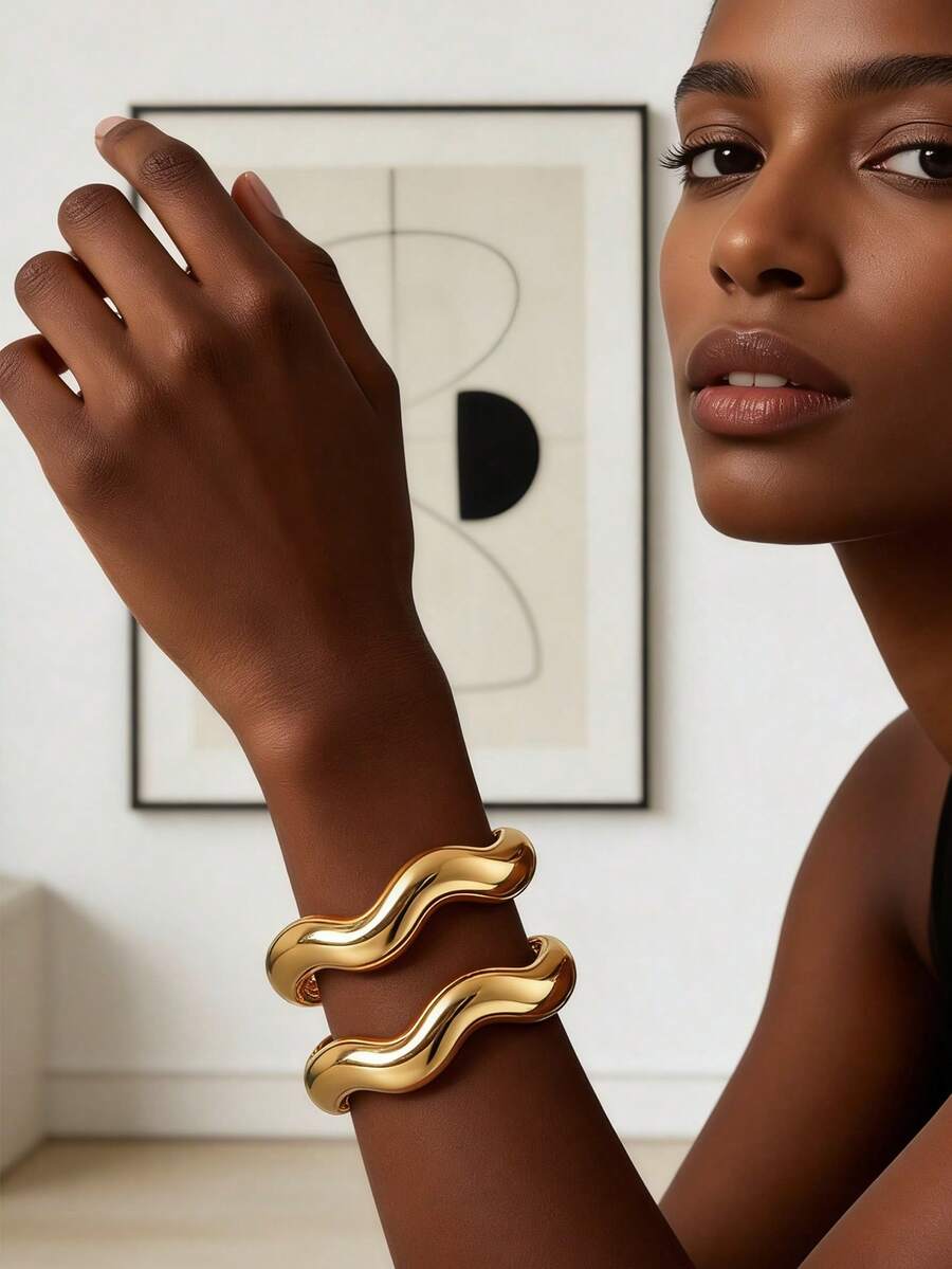 2pcs/Set Minimalist Asymmetric Water Drop Metal Bangle Set, Thick Solid Gold-Tone Alloy Material, For Women - Gold B - View 1