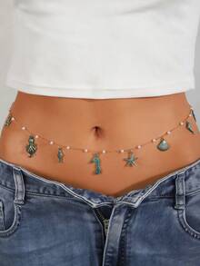 1pc Stylish & Adorable Starfish, Seahorse, Mermaid Tail, Shell, Turtle Pendant Gold Color Women's Waist Chain, Suitable For Daily Wear, Beach Vacation, Music Festival, Date Night - Gold - View 11