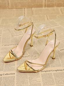 时尚尖头高跟凉鞋，女士新款夏季纤细高跟鞋，适合商务、派对、婚礼、夜店等场合。 - 金色 - 查看 2