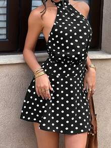 Women's Polka Dot Print Halter Backless Elegant Dress Party - Black - View 6