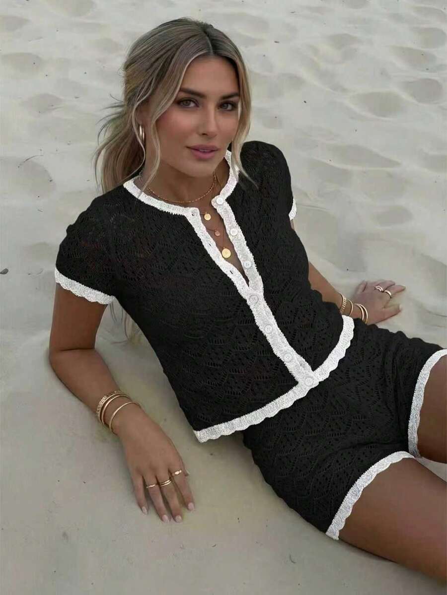 Bộ 2 món áo cardigan dệt kim không tay khoét lỗ gợi cảm dành cho nữ mùa hè + quần short - Bộ 2 món dành cho nữ, bộ đồ dệt kim khoét lỗ gợi cảm ôm sát màu đen - màu đen - Xem 1