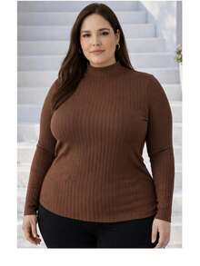 Women's Plus Size Long Sleeve Blouse With Medium High Ribbed Neck, Premium Comfortable Viscose - Óxido marrón - Ver 1