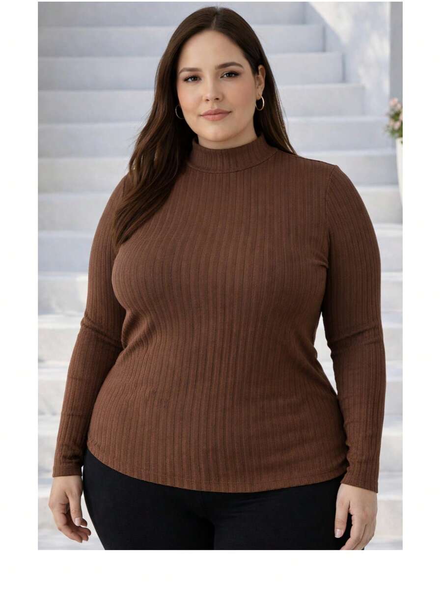 Women's Plus Size Long Sleeve Blouse With Medium High Ribbed Neck, Premium Comfortable Viscose - Óxido marrón - Ver 1