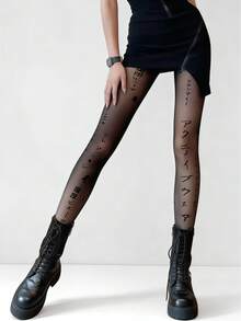 1双女士新款日文字母印花黑色连裤袜，薄透丝袜，黑色INS夜店辣妹时尚，Y2K朋克风，完美适用于音乐节和摇滚音乐节 - 黑色 - 查看 6