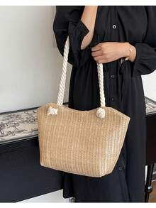 Popular Large-Capacity Grass-Weave Ins Style Tote New Fashion 2026 Braided Versatile Thick Rope Crossbody Bag - Brown - View 6