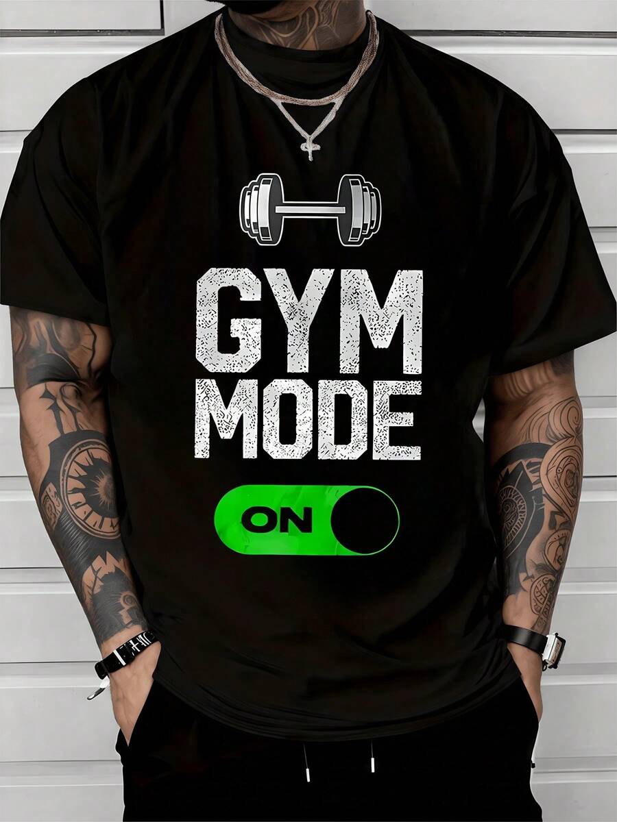 Una barra de pesas simboliza la fuerza interior y la superación diaria junto a un interruptor verde que representa la energía activa y la motivación constante perfecta para hombres que entrenan y buscan progreso camiseta de hombre cómoda ideal para gimnasio y uso casual - Negro - Ver 1