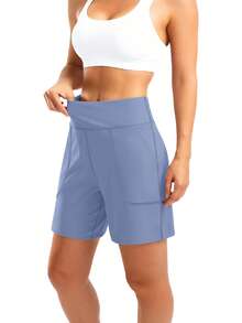 1pc Plus Size Women Sports Shorts, High Waist Elastic Tummy Control Tight Yoga Shorts, Casual Fashion With Pockets For Outdoor Workout & Layering - Baby Blue - View 6