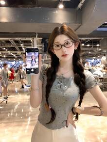 Áo sơ mi cotton tay ngắn cổ tròn khoét lỗ nơ mùa hè cho nữ, trẻ trung - Xám - Xem 6