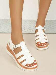 女士夏季新款复古木纹露趾罗马凉鞋，轻便舒适坡跟厚底镂空时尚凉鞋 - 白色 - 查看 3