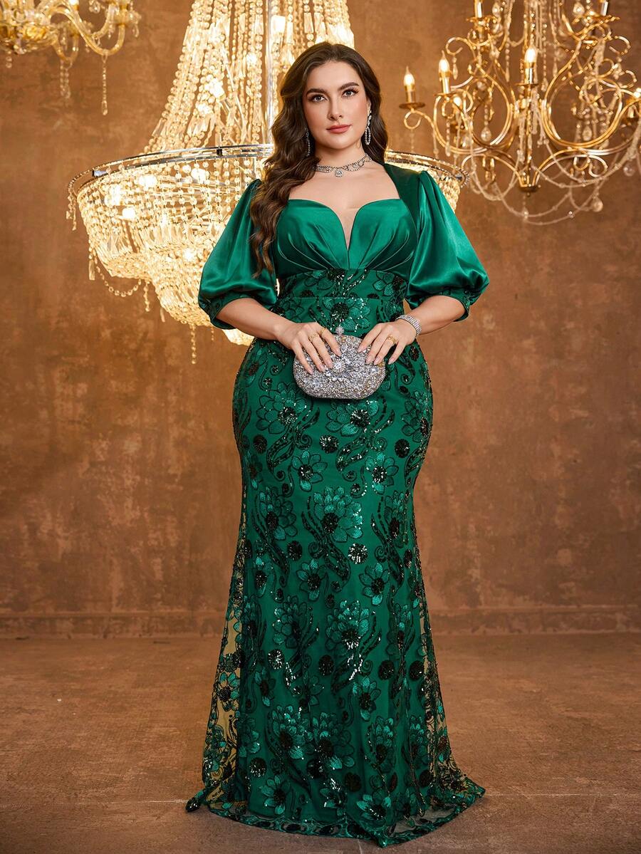 [Random Print] UNITHORSE Plus Women's V-Neck Lantern Sleeve Sequin Patchwork Satin Slim-Fitting Temperament Evening Dress - Dark Green - View 1