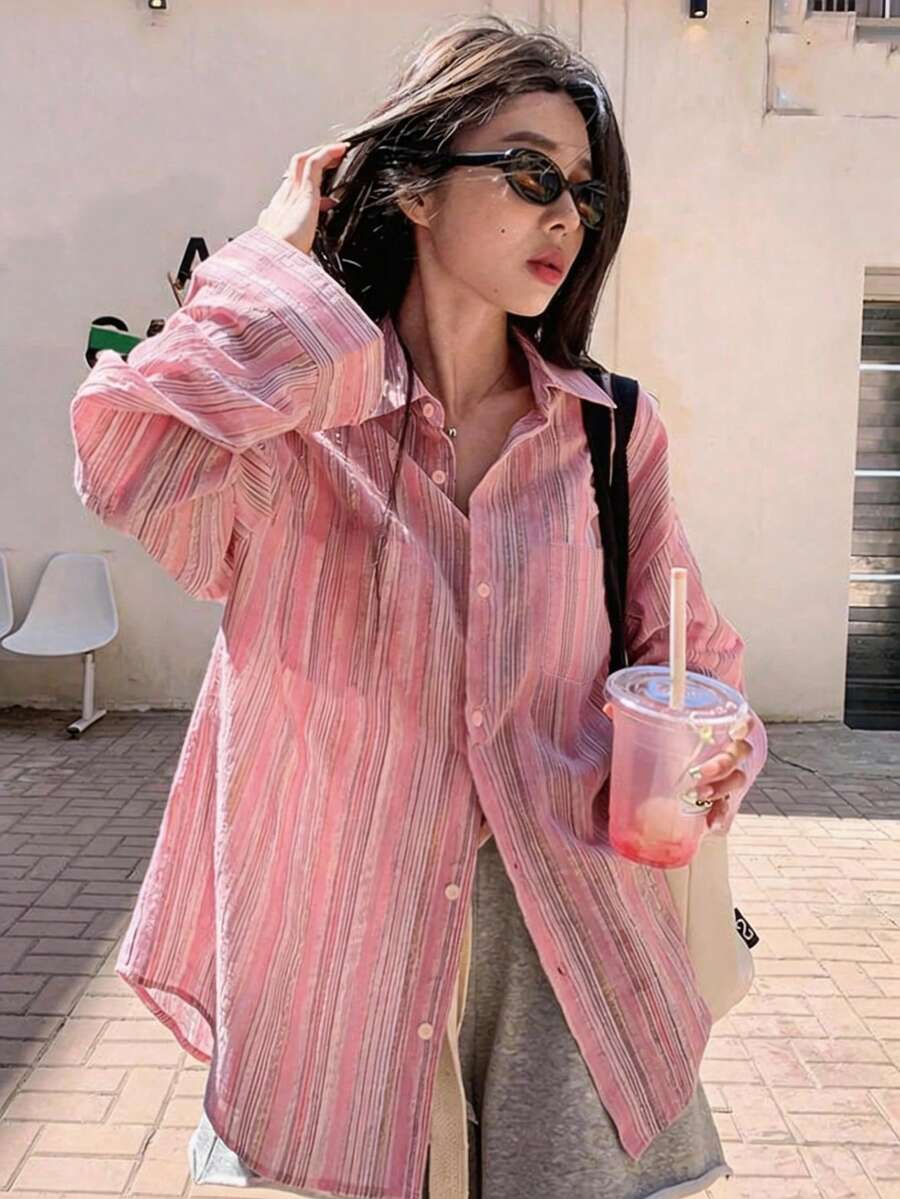 粉色条纹长袖防晒衬衫，女士夏季新款宽松休闲上衣 - 粉色 - 查看 1