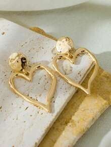 1 Pair Large Heart-Shaped Gold Dangle Earrings, Suitable For Daily Wear - Gold - View 5