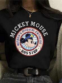 Summer T-Shirt, MICKEY MOUSE BUS STOP. Suitable For Daily Wear, Easy To Wear In Summer, Micro-Elastic, Soft Round Neck Casual Daily Coat, Including Disney Fashion Print, Round Neck Summer Sweatshirt, For Both Men And Women, Holiday Gifts. - 黑色 - 查看 1