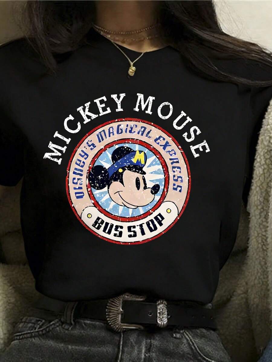 Summer T-Shirt, MICKEY MOUSE BUS STOP. Suitable For Daily Wear, Easy To Wear In Summer, Micro-Elastic, Soft Round Neck Casual Daily Coat, Including Disney Fashion Print, Round Neck Summer Sweatshirt, For Both Men And Women, Holiday Gifts. - 黑色 - 查看 1