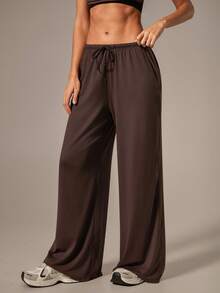 NcmRyu 1pc Women Solid Color Drawstring Elastic Waist Wide Leg Relaxed Fit Pockets Sports Pants - Coffee Brown - View 5