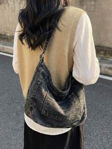 1 pièce Sac à bandoulière décontracté pour femmes avec poche kangourou imprimé lettres, en tissu lavé durable. Convient pour le travail, les déplacements, l'école, les courses, les voyages, les cadeaux, toutes saisons - Multicolore - Voir 9