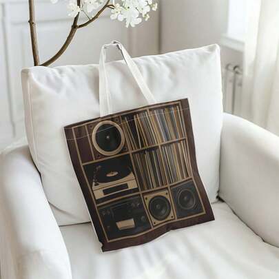 1个复古音乐手提包，旅行和日常两用，复古黑胶唱片机和音箱印花手提包，耐用大容量可折叠单肩包，复古音响系统风格