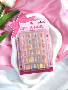 1 Box 24 Pcs Kids Cute Floral Press-On Nails, Vibrant Colors & Adorable Patterns, Easy To Apply & Remove, Ideal For Daily Wear, Parties And Photos, Creating Sweet & Cute Nail Looks For Kids - Multicolor - View 7