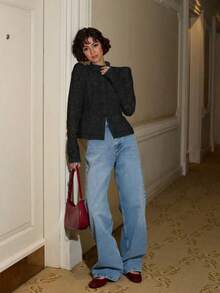 女士优雅白色花卉蕾丝半透明衬衫，立领泡泡袖，常规版型，纽扣细节，梭织面料，无弹力上衣，黑色度假春季款 - 黑色 - 查看 9