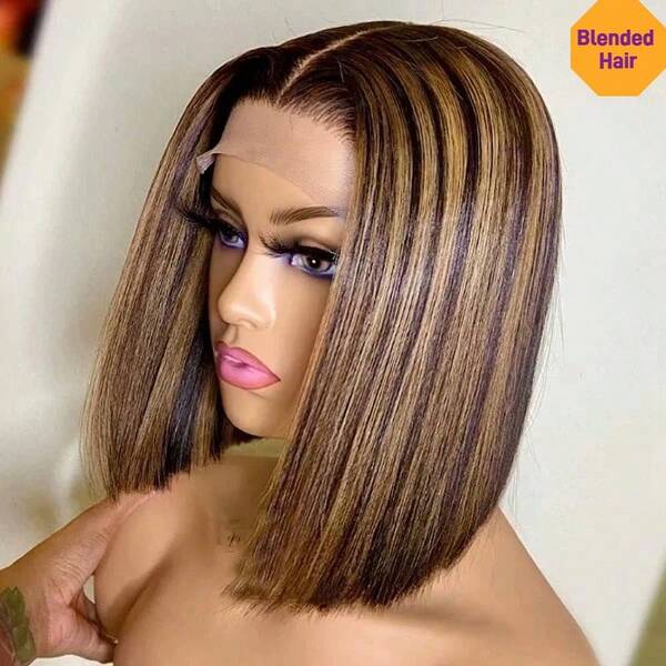 Glueless Honey Blonde Straight 5x5 Pre Cut Lace Closure Wig Wear And Go Preplucked Short Bob Straight Hair 180% Density Heat Resistant Synthetic Mixed Human Blended Hair Wig For Women Baby Hair Around Highlight Ombre Colored 4/27#