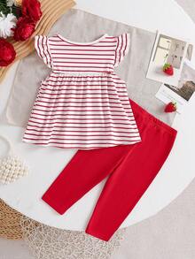 Bộ đồ 2 mảnh dễ thương cho bé gái gồm áo thun cổ tròn tay bồng in hình dâu tây và quần cạp chun, trang phục thời trang cho bé mặc hàng ngày, dự tiệc, đi chơi, mùa xuân/hè. - Nhiều màu - Xem 2