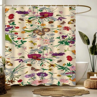 1pc Abstract Plant Floral Shower Curtains, Fashionable Plant Floral Printed Shower Curtains, Suitable For Various Room Doors, Windows, Bathroom Decoration Partitions, Bathroom Accessories