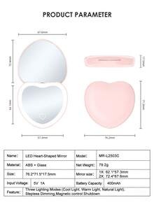 Rechargeable Heart-Shaped Portable Makeup Mirror, 2X Magnification LED Makeup Mirror With 3-Color Adjustable Lighting, Compact Beauty Mirror With Light - 粉色 - 查看 5