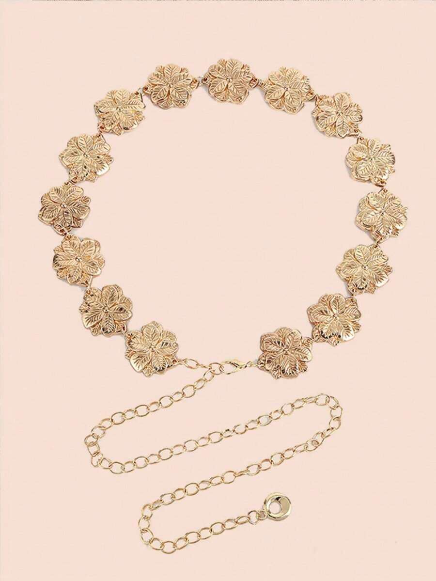 1pc Women's Rhinestone Belt, Bohemian Vintage Rose Gold Flower Carved Waist Chain, Suitable For Pairing With Western Style Jeans, Skirts, Evening Dresses, For Parties, Beach Vacations, Music Festivals, Gifts For Holidays, Birthdays, Christmas, New Year - Vàng 2 - Xem 1