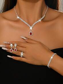 5pcs Flower Pendant Necklace, Earrings, Bracelet Jewelry Set, Suitable For Women's Evening Party - Green - View 13