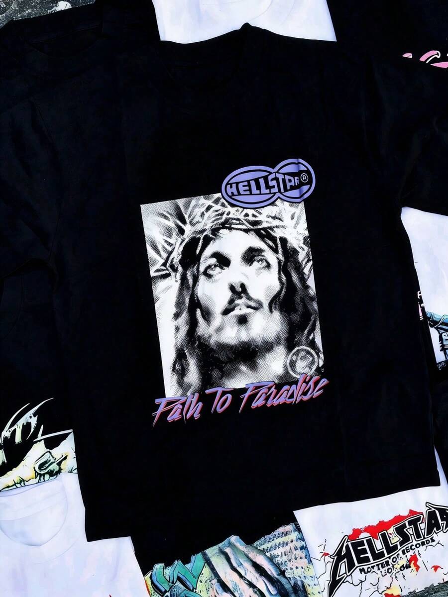 Plus Size Hellstars Faith To Paradise Portrait Y2K Graphic T-Shirt,220g 100% Cotton,Round Neck Short Sleeve,Black Streetwear Essential For Summer Going Out,Unisex Style - Black - View 1