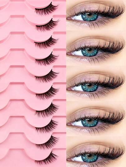 10 أزواج من رموش مستعارة قصيرة ناعمة طبيعية، ذات تأثير مكياج عيون القطة، قابلة لإعادة الاستخدام، رموش إضافية 3/4