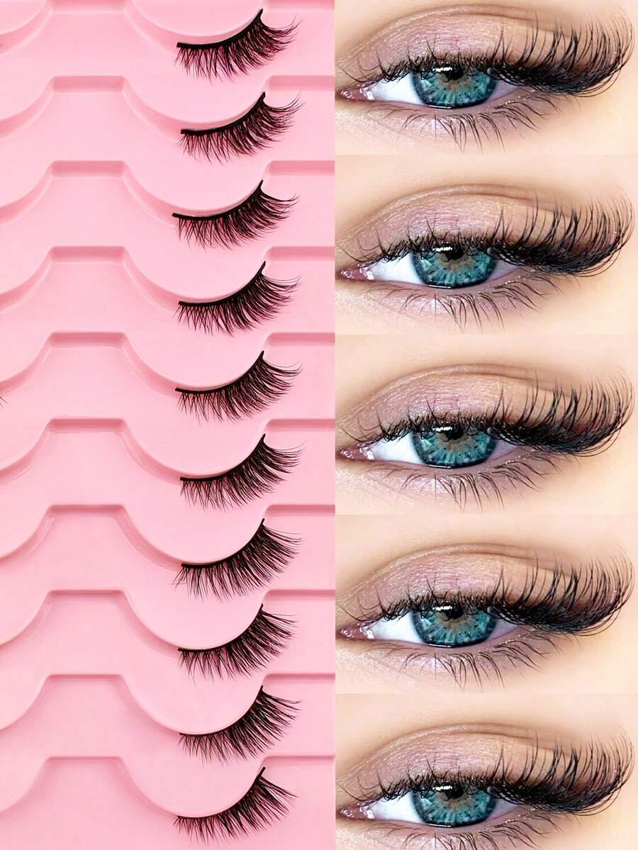10 Pairs Natural Wispy Short False Eyelashes, Cat Eye Makeup Effect, Reusable Eyelash Extensions, 3/4 Lashes