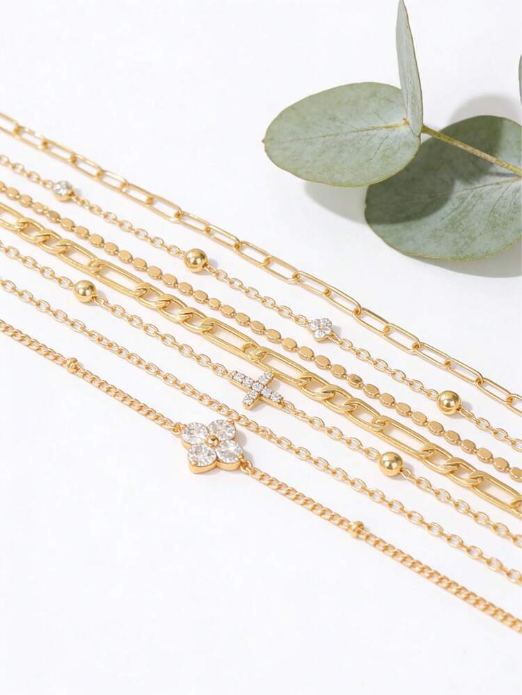 PHCOO 时尚多层链条手链，新款简约金色首饰，个性化合金手链套装，可自由搭配叠戴手链 - 金色 - 查看 3