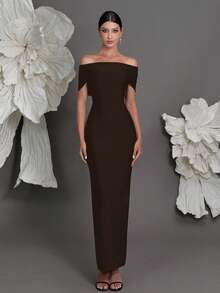 露肩绷带针织紧身连衣裙，欧美奢华修身铅笔裙，适合家庭聚会、派对、晚宴、春季婚礼等场合。 - 咖啡棕 - 查看 1