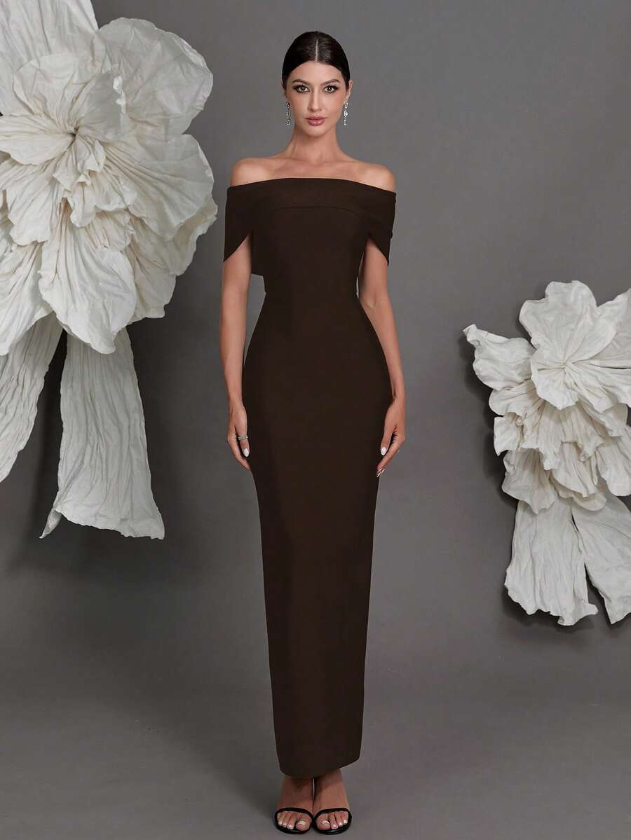 露肩绷带针织紧身连衣裙，欧美奢华修身铅笔裙，适合家庭聚会、派对、晚宴、春季婚礼等场合。 - 咖啡棕 - 查看 1