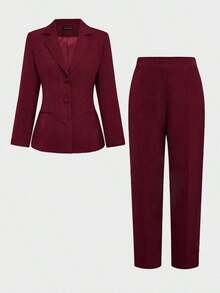 2pcs/Set Elegant Basic Slim Fit Blazer Jacket + Ankle-Length Pants, Suitable For Business, Commute And Daily Wear - 酒紅色 - 查看 9