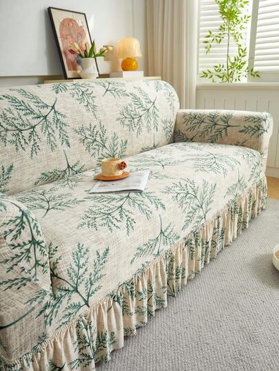 1pc Milk Silk Fabric Anti-Slip Elastic Decorative Sofa Skirt Cover, Printed Feather & Leaf Pattern, Rich Colors, Pet-Friendly Anti-Dust, Available In 1/2/3/4 Seater Sizes, Suitable For All Seasons