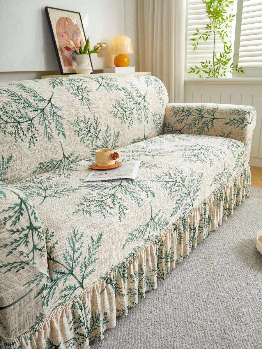 1pc Milk Silk Fabric Anti-Slip Elastic Decorative Sofa Skirt Cover, Printed Feather & Leaf Pattern, Rich Colors, Pet-Friendly Anti-Dust, Available In 1/2/3/4 Seater Sizes, Suitable For All Seasons