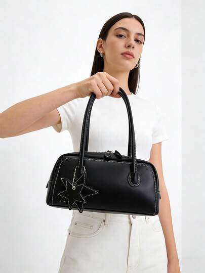 1pc Minimalist Black Stitching Shoulder Bag, Fashionable Star Pendant, French Underarm Baguette Bag, Suitable For Travel, Shopping, Dating, Ideal Gift For Women, Teenagers, College Students, Beginners And Professional Women, Applicable For Office, School, Work, Business Events, Commuting, Outdoor Activities, Travel, Picnic And Other Occasions