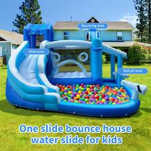 Spiral Single Slide Inflatable Water Park With Trampoline & Water Cannon, Pool Included, Dry & Wet Dual-Use, Summer Backyard Fun Toy(Blue And White ) (Oxford Material) - Multicolor - View 6