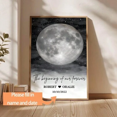 1 PIEZA Lienzo de arte de pared de noche estrellada personalizado | Decoración de pared de fase lunar personalizada con nombre y fecha | Sin marco | Regalo de póster de tema espacial de pareja para aniversario | Ideal para dormitorio, sala de estar, oficina en casa, aula | Exhibición vertical interior, arte de pared de aniversario | Lienzo personalizado | Arte de lienzo interior