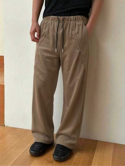 Men's Corduroy Loose Pleated Wide Leg Pants, Thin Fabric, Casual Solid Color Woven Texture Trousers, Versatile For Spring & Autumn