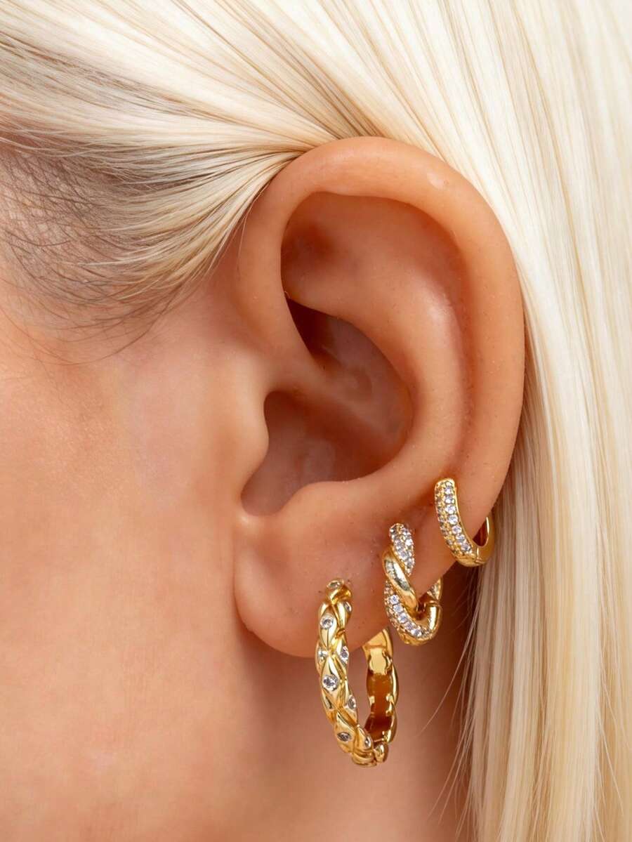 6pcs Fashion Personalized Copper Electroplated 18K Gold Inlaid Cubic Zirconia Twisted Round Dangle Earrings Set, Suitable For Women's Daily Wear Jewelry Accessories, Gift For Friends, Birthday - Yellow Gold - View 1