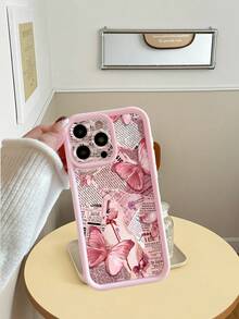 1个时尚高端蝴蝶与报纸图案粉色玛瑙阶梯砂岩手机壳，兼容 17/17 Pro/17 Pro Max/Air/16/15/14/13/12/11 Pro Max、S26/S25/S25 FE/S25 Edge、A37/A57，新款热销多功能防摔防滑手机壳 - 粉色 - 查看 2