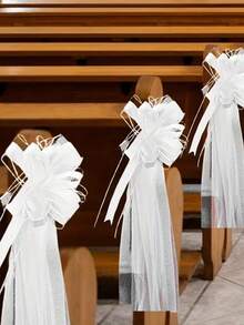 2 Sets Large Wedding Church Chair Aisle Decor Long Veil Bow White Wedding Car Decor, Wedding Anniversary Party Decoration - View 2