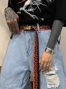 1件新款原宿街头嘻哈风男士帆布裤，配休闲火焰腰带 - 彩色 - 查看 3