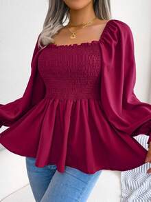 Long-Sleeved Chiffon Blouse With Ruffles And Square Neckline | Casual Style, New Spring/Summer Collection - 酒紅色 - 查看 8