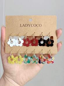 LADYCOCO 6对时尚可爱镂空花朵吊坠耳环，适合女性约会、派对和日常佩戴 - 彩色 - 查看 4